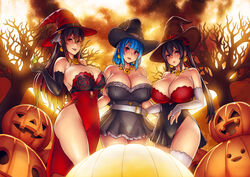  3girls black_dress black_hair blue_hair breasts dress earrings english_commentary erkaz gradient_hair halloween hat highres huge_breasts jack-o&#039;-lantern jewelry karinka_katyusha_(erkaz) long_hair looking_at_viewer looking_to_the_side multicolored_hair multiple_girls original red_dress red_eyes red_hair rina_atherina short_hair twintails witch_hat yukihana_(erkaz) 