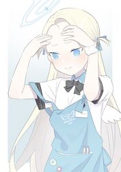  angel&#039;s_24_uniform_(blue_archive) apron arms_up black_ribbon blonde_hair blue_apron blue_archive blue_eyes closed_mouth collared_shirt female forehead halo hands_up highres id_card light_blush long_hair mini_wings pout ribbon scrunchie shirt short_eyebrows short_sleeves simple_background solo sora_(blue_archive) strap_slip striped striped_ribbon todatanoto touching_forehead two_side_up white_scrunchie white_shirt wings wrist_scrunchie 