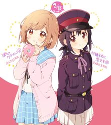  2girls arms_behind_back belt belt_buckle blue_skirt blush bob_cut brown_hair buckle comic_yuri_hime commentary_request doughnut eating epaulettes eyelashes food food_on_face fuudo_tsugumi hand_on_own_face hat highres indou_shinobu koushin_koinu_ni_koibumi_wo long_sleeves looking_at_viewer low_twintails military military_hat military_uniform multicolored_background multiple_girls namori neck pantyhose pink_sweater pleated_skirt pocha_climb! purple_ribbon purple_shirt red_background red_eyes ribbon scarf school_uniform shirt short_hair skirt smile sparkling_eyes speech_bubble sprinkles star_(symbol) striped_clothes striped_scarf striped_skirt sweater translation_request twintails uniform white_background white_skirt yellow_eyes 