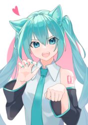  6o2_(rokumaruni) animal_ears aqua_eyes aqua_hair aqua_nails aqua_necktie bare_shoulders black_sleeves cat_ears claw_pose commentary detached_sleeves female grey_shirt hatsune_miku heart highres kemonomimi_mode long_hair looking_at_viewer nail_polish necktie oerba_yun_fang open_mouth shirt shoulder_tattoo sleeveless sleeveless_shirt solo tattoo twintails upper_body v-shaped_eyebrows very_long_hair vocaloid white_background 