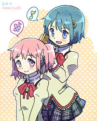  2girls :d bad_id bad_pixiv_id beige_background black_skirt blue_eyes blue_flower blue_hair blush bow bowtie brushing_another&#039;s_hair brushing_hair commentary_request dot_nose eighth_note flat_chest flower hair_brush hair_down happy holding holding_another&#039;s_hair holding_brush kaname_madoka kirikuchi_riku looking_at_another looking_back mahou_shoujo_madoka_magica mahou_shoujo_madoka_magica_(anime) miki_sayaka mitakihara_school_uniform multiple_girls musical_note neck_ribbon open_mouth pink_eyes pink_hair plaid plaid_skirt pleated_skirt polka_dot polka_dot_background red_bow red_bowtie red_ribbon ribbon school_uniform short_hair simple_background skirt smile speech_bubble spoken_flower spoken_musical_note standing translation_request twitter_username tying_hair uniform v_arms white_background 