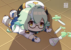  apu_spills_his_tendies_(meme) artist_name chibi closed_mouth commentary culton english_commentary erlenmeyer_flask female flask frown full_body genshin_impact glasses gloves green_hair hair_between_eyes hat long_hair looking_at_viewer lying meme on_floor on_stomach shadow solo_focus spill sucrose_(genshin_impact) test_tube tile_floor tiles watermark white_gloves white_headwear yellow_eyes 