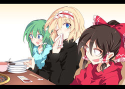  3girls alice_margatroid alternate_costume arm_up bench black_sweater blonde_hair blue_eyes blue_sweater bow bowl brown_hair casual chopstick_rest chopsticks commentary_request frog_hair_ornament gradient_background green_hair grill hair_between_eyes hair_ornament hair_tubes hairband hairbow hakurei_reimu holding holding_plate hood hood_down hoodie ichimura_kanata kochiya_sanae letterboxed lolita_hairband long_hair long_sleeves looking_at_viewer looking_down multiple_girls napkin one_eye_closed open_mouth orange_background plate plate_stack ponytail red_hoodie restaurant sauce short_hair sidelocks sitting snake_hair_ornament spoon sweater table touhou wiping_mouth |_| 