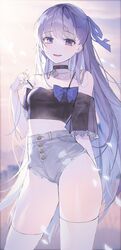  absurdres arm_behind_back bad_id bad_twitter_id black_bow black_bowtie black_shirt blue_bow blue_ribbon blue_shorts bow bowtie choker clothing_cutout crop_top cutoffs denim denim_shorts fate/extra fate/extra_ccc fate/grand_order fate_(series) female harusame_(user_wawj5773) high-waist_shorts highleg highres long_hair looking_at_viewer meltryllis_(fate) midriff off-shoulder_shirt off_shoulder open_mouth purple_eyes purple_hair ribbon shirt shorts shoulder_cutout solo strap_pull thighhighs thighs very_long_hair white_thighhighs 