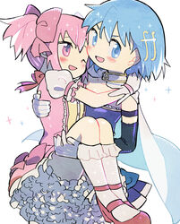  2girls ;d arms_around_neck bad_id bad_pixiv_id blue_eyes blue_hair blue_skirt blush breasts bubble_skirt cape carrying cheek-to-cheek commentary_request detached_sleeves fortissimo frilled_legwear frilled_skirt frilled_sleeves frills gloves grin hair_between_eyes hair_ornament hair_ribbon hairclip hand_on_another&#039;s_back hand_on_another&#039;s_thigh heads_together highres kaname_madoka kaname_madoka_(magical_girl) kirikuchi_riku legs_together looking_at_viewer looking_away magical_girl mahou_shoujo_madoka_magica mahou_shoujo_madoka_magica_(anime) miki_sayaka miki_sayaka_(magical_girl) multiple_girls musical_note musical_note_hair_ornament no_nose one_eye_closed open_mouth pink_eyes pink_hair pleated_skirt princess_carry puffy_short_sleeves puffy_sleeves red_footwear red_ribbon ribbon short_hair short_sleeves short_twintails simple_background skirt small_breasts smile socks sparkle strapless twintails v-shaped_eyebrows white_background white_cape white_gloves white_legwear white_skirt 