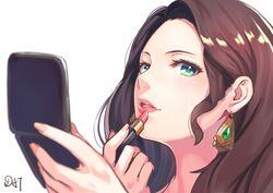  applying_makeup brown_hair close-up commentary compact_(cosmetics) cosmetics da-cart dorothea_arnault earrings female fire_emblem fire_emblem:_three_houses green_eyes highres holding holding_compact holding_lipstick_tube jewelry lips lipstick lipstick_tube long_hair looking_at_viewer looking_to_the_side makeup mirror pink_lips solo 