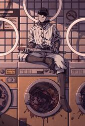  1boy add-on_(off) baseball_bat baseball_cap baseball_uniform belt blood closed_mouth commentary hat holding holding_baseball_bat laundromat male_focus no_smoking off_(game) pants shaded_face sign sitting skull solo sportswear the_batter_(off) tile_wall tiles washing_machine wenny02 