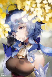  ahoge arm_up bare_shoulders bell blue_eyes blue_gloves blush bodystocking branch breasts closed_mouth cowbell curled_horns day detached_sleeves eden_(shiroki_yuutsu) female fingernails ganyu_(genshin_impact) genshin_impact ginkgo_leaf gloves goat_horns hair_over_one_eye head_rest horns large_breasts leaf light_smile lips long_hair looking_at_viewer neck_bell open_mouth outdoors pointy_ears purple_eyes red_horns sidelocks skin_tight solo teeth tongue tree upper_body upper_teeth_only wide_sleeves 