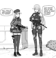  2girls ak-15 ak-15_(girls&#039;_frontline) anger_vein assault_rifle carmiki235 commentary_request english_text girls&#039;_frontline gloves greyscale gun h&amp;k_hk416 handgun height_difference hk416_(girls&#039;_frontline) holster holstered kalashnikov_rifle long_hair monochrome multiple_girls one_eye_covered rifle speech_bubble suppressor tactical_clothes weapon 