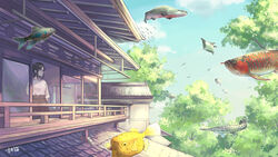  absurdres animal arapaima architecture arowana blouse blue_sky boxfish brown_hair brown_pants building chub_(fish) cloud commentary_request day east_asian_architecture female fish floating flying_fish from_outside gar_(fish) glasses hand_up highres long_hair long_sleeves manta_ray original outdoors pants ponytail railing raito_(latek) scenery shirt sky solo surreal tree white_shirt window yellow_boxfish 