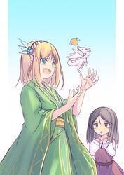  2girls :&lt; :d aqua_background aqua_eyes belt black_hair blonde_hair blue_background blue_eyes bob_cut border brown_belt brown_dress brown_eyes brown_ribbon cayna_(leadale_no_daichi_nite) character_request chestnut_mouth clenched_hands collared_shirt cowboy_shot creature curled_fingers dot_nose dragon dress earrings elf excited eyes_visible_through_hair feather_hair_ornament feathers floating floating_object food from_side fruit gem gradient_background green_kimono hair_between_eyes hair_ornament hairband hands_up hatching_(texture) highres japanese_clothes jewelry kimono leadale_no_daichi_nite light_blush linear_hatching lolicon long_hair long_sleeves looking_at_animal looking_away looking_up luka_(leadale_no_daichi_nite) magic mandarin_orange medium_hair mini_dragon motion_lines multicolored_eyes multiple_girls neck_ribbon no_nose obi obijime official_alternate_costume official_art open_hand open_mouth outside_border parted_bangs parted_lips pinafore_dress pointy_ears puffy_long_sleeves puffy_sleeves raised_eyebrow ribbon round_teeth sash shirt simple_background sleeveless sleeveless_dress sleeves_past_elbows sleeves_past_wrists smile standing straight_hair swept_bangs teeth tenmaso two-tone_background upper_teeth_only v-shaped_eyebrows western_dragon white_background white_border white_hairband white_shirt wide_sleeves wing_collar yellow_sash 