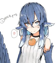  anger_vein angry animal_ears bare_shoulders bird_ears blue_feathers blue_hair blue_wings blush choker commentary_request feather_hair feathered_wings feathers female food food_on_body food_on_breasts fruit grey_eyes harpy mandarin_orange miura_(rnd.jpg) monster_girl object_on_breast oppai_mochi orange_(fruit) original rnd.jpg_(artist) solo spoken_anger_vein twitter_username winged_arms wings 