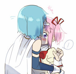  ! 2girls bad_id bad_pixiv_id bare_shoulders blue_hair blush bow bowtie cape commentary_request detached_sleeves facing_away from_behind gloves hand_on_another&#039;s_head hand_up juliet_sleeves kaname_madoka kirikuchi_riku kissing kissing_forehead long_sleeves looking_at_another looking_up mahou_shoujo_madoka_magica mahou_shoujo_madoka_magica_(anime) miki_sayaka miki_sayaka_(magical_girl) mitakihara_school_uniform multiple_girls neck_ribbon nervous pink_hair puffy_sleeves purple_eyes red_bow red_bowtie red_ribbon ribbon school_uniform short_hair short_twintails simple_background speech_bubble speed_lines spoken_exclamation_mark sweatdrop translated twintails uniform upper_body white_background white_cape white_gloves wide-eyed 