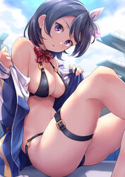  :o bangs bare_shoulders bikini black_bikini black_hair blue_jacket bow bowtie breasts cleavage cloud diving_board eyebrows_visible_through_hair female hair_between_eyes hairbow highres jacket jacket_removed kanabun knee_up long_sleeves looking_at_viewer love_live! love_live!_sunshine!! medium_breasts navel o-ring o-ring_bikini off_shoulder purple_eyes red_neckwear short_hair sitting sky solo striped striped_neckwear swimsuit thigh_strap watanabe_tsuki 