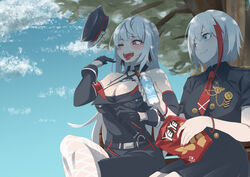  2girls admiral_graf_spee_(azur_lane) admiral_graf_spee_(girl&#039;s_sunday)_(azur_lane) aiguillette azur_lane bag_of_chips black_gloves blue_eyes blush breasts bugles_(food) check_commentary cleavage cloud commentary_request fishnet_thighhighs fishnets gloves grey_hair hat highres himeno_tatsuta large_breasts long_hair medal multicolored_hair multiple_girls necktie official_alternate_costume one_eye_closed open_mouth peaked_cap pink_eyes red_hair red_necktie short_hair short_sleeves teeth thighhighs tongue tongue_out two-tone_hair upper_teeth_only white_thighhighs yorck_(azur_lane) 