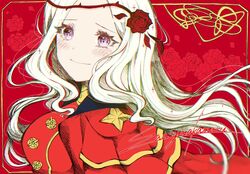  akamaru_saasha blush breasts cape commentary dress edelgard_von_hresvelg female fire_emblem fire_emblem:_three_houses floral_background flower hair_ornament long_hair long_sleeves looking_at_viewer open_mouth purple_eyes red_cape red_flower red_rose rose rose_background simple_background smile solo symbol-only_commentary white_hair 