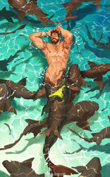  1boy abs absurdres afloat armpit_hair armpits bara beard brown_hair chest_hair closed_eyes commentary completely_nude facial_hair fish from_above full_body highres jewelry large_pectorals male_focus mature_male merman monster_boy moustache muscular muscular_male navel navel_hair necklace nipples nude original pectorals shark shark_boy shell shell_necklace short_hair solo stomach swimming swimsuit symbol-only_commentary thick_eyebrows unworn_male_swimwear water wet xiaolumiaoliya 