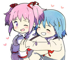  2girls ;d arms_around_neck bad_id bad_pixiv_id blue_hair blush bow bowtie clenched_teeth close-up closed_eyes closed_mouth commentary_request dot_nose furrowed_brow grin hair_ornament hairclip hand_on_another&#039;s_arm heart heart_background hug hug_from_behind juliet_sleeves kaname_madoka kirikuchi_riku long_sleeves looking_at_another looking_back mahou_shoujo_madoka_magica mahou_shoujo_madoka_magica_(anime) miki_sayaka mitakihara_school_uniform multiple_girls neck_ribbon one_eye_closed open_mouth pink_hair puffy_sleeves red_bow red_bowtie red_ribbon ribbon school_uniform short_hair short_twintails simple_background smile teeth twintails uniform upper_body v-shaped_eyebrows white_background 