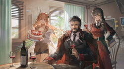  1boy 2girls alcohol beard berezovich_kryuger_(girls&#039;_frontline) bottle cake coat collared_shirt commentary_request cup drinking_glass facial_hair food girls&#039;_frontline grey_hair griffin_&amp;_kryuger_military_uniform helianthus_(girls&#039;_frontline) highres lab_coat light_brown_hair long_hair looking_at_viewer monocle multiple_girls necktie official_art persica_(girls&#039;_frontline) red_eyes scar scar_on_face shirt smile very_long_hair wheelchair wine wine_bottle wine_glass wrinkled_skin 