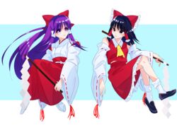  2girls absurdres ascot bare_shoulders black_eyes black_footwear black_hair bow breasts closed_mouth collared_vest commentary_request detached_sleeves dual_persona frilled_bow frilled_skirt frills full_body gohei guumin hair_tubes hairbow hakama hakurei_reimu hakurei_reimu_(pc-98) happy highres holding japanese_clothes kimono loafers long_hair long_sleeves medium_hair midriff_peek miko multiple_girls purple_eyes purple_hair red_bow red_hakama red_ribbon red_skirt red_vest ribbon ribbon-trimmed_sleeves ribbon_trim sash shoes sidelocks skirt small_breasts smile socks tabi touhou touhou_(pc-98) very_long_hair vest white_bow white_kimono white_sash white_sleeves white_socks wide_sleeves yellow_ascot 