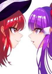  2girls absurdres bow commentary_request eyelashes eyes_visible_through_hair guumin hair_tubes hairbow hakurei_reimu hakurei_reimu_(pc-98) hat hat_bow hat_ribbon highres kirisame_marisa kirisame_marisa_(pc-98) long_hair medium_hair multiple_girls open_mouth parted_lips purple_eyes purple_hair purple_headwear red_bow red_eyes red_hair ribbon sidelocks simple_background smile story_of_eastern_wonderland touhou touhou_(pc-98) white_background white_bow white_ribbon witch_hat 