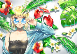  absurdres adjusting_eyewear anthurium aqua_eyes black_camisole blonde_hair blue-tinted_eyewear blue_shirt buttons camisole collarbone commentary_request female flower hand_on_eyewear hand_up hibiscus highres leaf long_sleeves looking_over_eyewear nail_polish off_shoulder open_clothes open_shirt original parted_lips pink_nails plumeria raito_(latek) red_flower shadow shirt short_hair simple_background solo spaghetti_strap sunglasses teeth tinted_eyewear upper_body white_background 