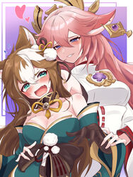  2girls absurdres animal_ears black_gloves blush breasts cashew_0_dgren cleavage collarbone dog_ears dog_girl elbow_gloves genderswap_(mtf) genshin_impact gloves gorou_(genshin_impact) green_kimono half-closed_eyes heart highres hina_(genshin_impact) japanese_clothes kimono looking_to_the_side medium_breasts multiple_girls nontraditional_miko off_shoulder parted_lips pink_hair purple_eyes rule_63 smile yae_miko yuri 