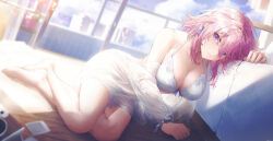  absurdres bare_shoulders blue_eyes blurry blurry_background bra breasts building camera cleavage cloud cloudy_sky commentary_request dutch_angle female full_body highres honkai:_star_rail honkai_(series) leaning_on_object long_hair looking_at_viewer march_7th_(honkai:_star_rail) outdoors panties parted_lips pink_eyes pink_hair polaroid_photo see-through see-through_shirt shirt shirt_partially_removed sky solo swkl:d two-tone_eyes underwear white_bra white_panties white_shirt 