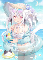  animal_ears bare_shoulders bikini blush breasts cat_ears cat_girl cat_tail cleavage eyewear_on_head feline female flower frilled_bikini frills grey_hair hair_bun hair_ribbon hat hat_flower hoshino_koucha innertube jacket large_breasts long_hair looking_at_viewer navel ocean open_clothes open_jacket original parfait red_eyes ribbon see-through smile solo sun_hat swim_ring swimsuit tail thighs tongue tongue_out twintails wading white_bikini 