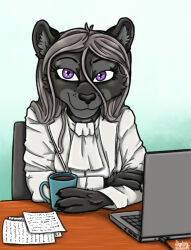  anthro bad_guy_cafe beverage black_body black_fur cathleen_velvetpaw chair coffee coffee_mug computer desk electronics female fur furniture grey_hair hair paper purple_eyes solo table ziegelzeig 