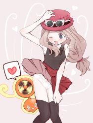  arm_up blush clothes_lift commentary_request eyewear_on_headwear female grey_eyes hand_on_headwear hat heart knees_together_feet_apart long_hair looking_down low-tied_long_hair open_mouth panties pleated_skirt pokemon pokemon_(creature) pokemon_xy red_skirt rotom rotom_(fan) sarada_(meaf3748) serena_(pokemon) sidelocks skirt skirt_lift spoken_heart sunglasses sweatdrop thighhighs underwear wind wind_lift 