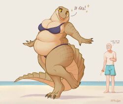  alligator alligatorid anthro beach belly big_belly big_breasts breasts claws clothing crocodilian duo female green_body green_scales hi_res human lucille_(tenynn) male mammal obese obese_anthro obese_female on_one_leg overweight overweight_anthro overweight_female reptile scales scalie seaside shirtless smile standing swimming_trunks swimwear tail tenynn thick_tail thick_thighs yellow_eyes 