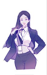  aespa black_eyes black_hair black_jacket black_necktie black_pants blazer brown_hair character_name collared_shirt cropped_shirt devilzong earrings female gradient_hair hair_behind_ear hand_on_own_hip highres id_card jacket jewelry k-pop karina_(aespa) long_hair looking_at_viewer midriff mole mole_under_eye multicolored_hair navel necktie necktie_grab neckwear_grab pants pink_lips real_life shirt simple_background smile solo twitter_username very_long_hair white_background 