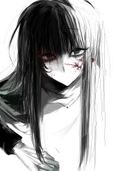  black_eyes black_hair bleeding_from_forehead blood blood_on_face blunt_bangs chinese_commentary colored_extremities colored_skin commentary_request female green_eyes heterochromia highres horror_(theme) kaifanle_ma long_hair long_sleeves mole mole_on_cheek multiple_moles naihe_(touqi_guaitan)_(female) no_mouth sanpaku sidelocks simple_background solo touqi_guaitan white_background white_skin 