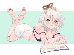  barefoot blush book camisole cecilia_immergreen feet feet_up female green_eyes hair_between_eyes highres holding holding_book hololive hololive_english joints legs_up looking_at_viewer lying on_stomach open_book paingoro reading short_hair shorts smile soles solo strap_slip the_pose toes virtual_youtuber white_hair winding_key 