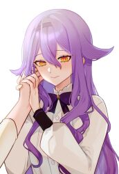  blush bow closed_mouth crosshair_pupils disembodied_hand female golden_eyes hairband hand_in_another&#039;s_hair highres holding_hands honkai_(series) honkai_impact_3rd long_hair long_sleeves looking_down purple_bow purple_hair shirt sirin_(magic_academy_uniform) solo sugar_jo3 upper_body white_background white_shirt 