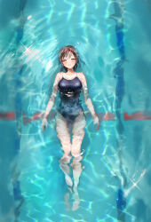  absurdres blue_one-piece_swimsuit blush breasts brown_hair collarbone comiket_104 commentary_request competition_swimsuit female highres looking_at_viewer lying lying_on_water medium_breasts one-piece_swimsuit original pool refraction solo swimsuit tomozero 