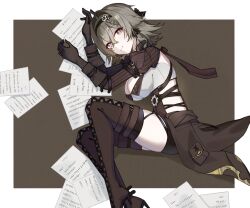  absurdres black_headband black_shorts boots border breasts brown_background brown_corset brown_footwear brown_gloves brown_hair cleavage closed_mouth clothing_cutout corset female gloves grey_eyes hair_between_eyes headband high_heel_boots high_heels highres honkai_(series) honkai_impact_3rd large_breasts long_sleeves looking_at_viewer lying on_side short_hair shorts side_cutout solo thighs too_many_papers vill-v white_border youmiao_oxo 