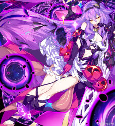  asymmetrical_gloves bandaged_leg bandages bare_shoulders barefoot covering_own_mouth dress energy_ball evzeva female glowing hair_ornament hairband honkai_(series) honkai_impact_3rd long_hair purple_dress purple_hair purple_nails scissors sirin sirin_(miracle_magical_girl) solo star_(symbol) v yellow_eyes 