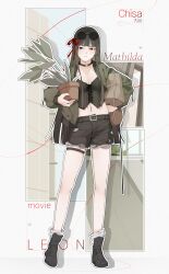  absurdres alternate_costume black_boots black_hair black_shirt black_shorts boots breasts character_name chisa_(wuthering_waves) cleavage closed_mouth commentary crop_top eyewear_on_head female flower_pot full_body grey_jacket hair_ribbon highres holding holding_flower_pot jacket long_hair looking_at_viewer medium_breasts midriff navel red_eyes red_ribbon ribbon rockkk123 round_eyewear shirt shorts solo sunglasses very_long_hair wuthering_waves 