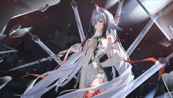  absurdres angel_no_shousou animal_ear_fluff animal_ears arm_behind_back arm_cutout armlet bare_shoulders black_background black_hair breasts broken_glass china_dress chinese_clothes closed_mouth clothing_cutout cloud commentary commentary_request cowboy_shot detached_sleeves dress droopy_ears female floating floating_object floating_sword floating_weapon glass glass_shards gradient_hair hair_ornament hairband highres holding holding_sword holding_weapon jewelry large_breasts leg_tattoo light_particles light_trail long_hair looking_ahead looking_at_viewer medium_breasts multicolored_hair multiple_swords outstretched_arm parted_lips pelvic_curtain pink_lips print_dress qingming_sword red_eyes red_hair red_streaks see-through_horns sidelocks silver_armlet single_hair_intake solo streaked_hair sword tassel tattoo very_long_hair weapon white_dress white_hair white_hairband ye_shunguang zenless_zone_zero 