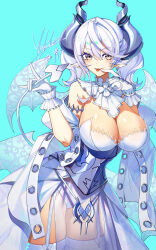  absurdres breasts cleavage commentary_request cowboy_shot cross-shaped_pupils demon_girl demon_horns demon_tail demon_wings detached_sleeves duel_monster finger_to_mouth frills garter_straps gloves grey_eyes highres holding_own_tail horns large_breasts looking_at_viewer lovely_labrynth_of_the_silver_castle medium_hair multiple_wings pelvic_curtain pointy_ears see-through skindentation symbol-shaped_pupils tail thighhighs thighs tongue tongue_out twintails white_hair wings yu-gi-oh! yukleeeee 