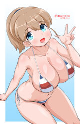  bikini blue_background blue_eyes breasts cleavage collarbone dated female gradient_background intrepid_(kancolle) kantai_collection large_breasts light_brown_hair masara_(chuujou) multicolored_bikini multicolored_clothes open_mouth short_hair side-tie_bikini_bottom smile solo striped_bikini striped_clothes swimsuit twitter_username v 