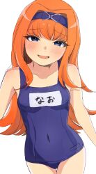  :d bare_shoulders blue_bow blue_eyes blue_hairband blue_one-piece_swimsuit blush bow breasts collarbone commentary covered_navel cowboy_shot eyelashes female hair_intakes hairband hairbow highres higurashi_no_naku_koro_ni higurashi_no_naku_koro_ni_mei houtani_nao long_hair looking_at_viewer naughty_face one-piece_swimsuit open_mouth orange_hair raised_eyebrows school_swimsuit sidelocks simple_background small_breasts smile solo swimsuit thigh_gap tsurime very_long_hair white_background yuno_ff 