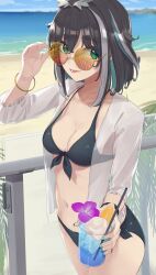  adjusting_eyewear alternate_costume atsushima bikini black_bikini black_hair blue_hair blue_hawaii blue_sky breasts brown-framed_eyewear cleavage cocktail commentary_request cowboy_shot cup day drinking_straw female flower grey_hair highres holding holding_cup horizon looking_at_viewer medium_bangs medium_breasts multicolored_hair nanashi_inc. navel ocean open_clothes open_mouth open_shirt oura_rukako outdoors purple_flower round_eyewear see-through see-through_shirt shirt short_hair sky smile solo streaked_hair sunglasses swimsuit tinted_eyewear virtual_youtuber white_shirt yellow-tinted_eyewear 