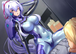  1boy arm_behind_head arm_up armored_bodysuit blonde_hair blue_eyes blush bodysuit breasts covered_navel cowgirl_position female fortified_suit high_ponytail highres large_breasts latex latex_bodysuit long_hair muv-luv muv-luv_alternative muv-luv_total_eclipse navel one_eye_closed open_mouth original pilot_suit purple_hair shiny_clothes sitting skin_tight smile straight wata_nuki 