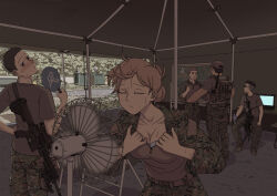  4boys baseball_cap black_hair black_shirt blonde_hair bottle breasts brown_hair brown_hat camouflage camouflage_shirt chair cleavage closed_eyes collarbone computer electric_fan etmc1992 facing_object female gun gun_on_back hair_bun hand_fan hat highres holding holding_bottle holding_fan hot laptop load_bearing_vest long_sleeves looking_at_another multiple_boys on_chair original rifle shirt short_sleeves single_hair_bun sitting soldier standing sweat t-shirt tactical_clothes tent undercut united_states_marine_corps water_bottle weapon weapon_on_back zipper 