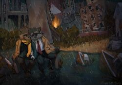  2024 absurd_res anthro bottomwear clothing detailed_background duo english_text hand_holding hi_res howard_lotor larry_(tails_noir) male male/male mammal necktie outside pants procyonid raccoon raining scarf shirt sitting superbutterscotch tails_noir text topwear 