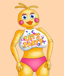  anthro avian bib big_breasts bird blue_eyes breasts charl33 chica_(fnaf) chicken clothing female five_nights_at_freddy&#039;s five_nights_at_freddy&#039;s_2 galliform gallus_(genus) hands_on_hips humanoid phasianid pink_clothing pink_underwear scottgames smile solo underwear wide_hips yellow_body 