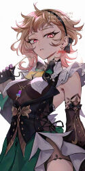  black_bow black_bowtie black_corset black_gloves black_hairband black_sleeves blonde_hair bow bowtie breast_curtains breasts commentary corset cowboy_shot dated detached_sleeves dress ear_piercing emilie_(genshin_impact) female genshin_impact glasses gloves green_dress hairband hairbow hand_up highres holding holding_removed_eyewear long_hair looking_at_viewer medium_breasts multicolored_hair ojo_aa parted_lips piercing pink_hair red_eyes semi-rimless_eyewear signature sleeveless sleeveless_dress solo unworn_eyewear white_background 